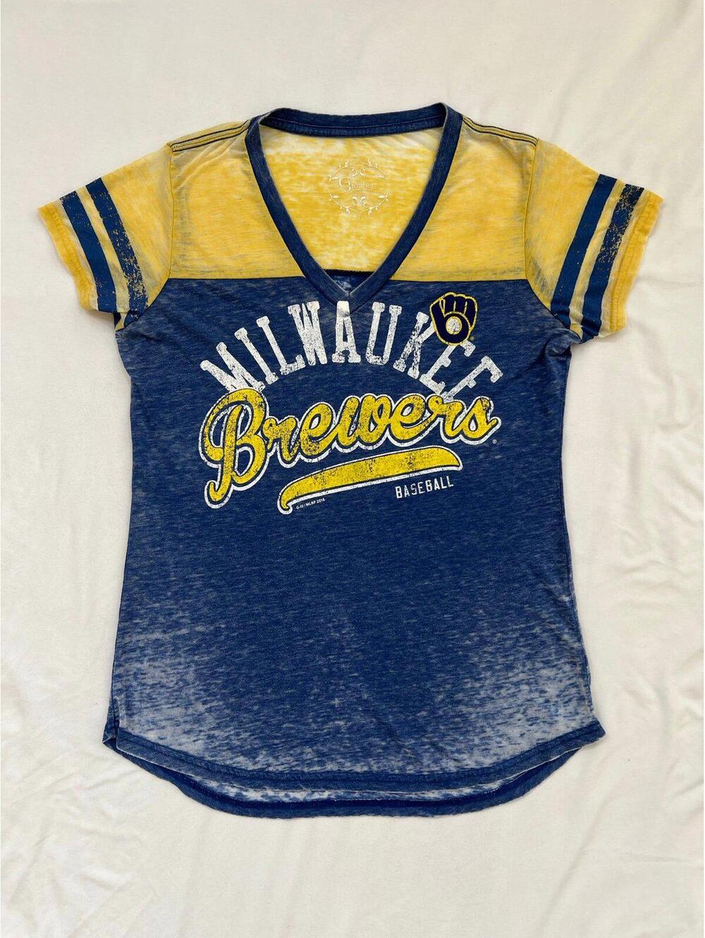 G3 women’s size large navy and yellow Milwaukee Brewers super thin tshirt